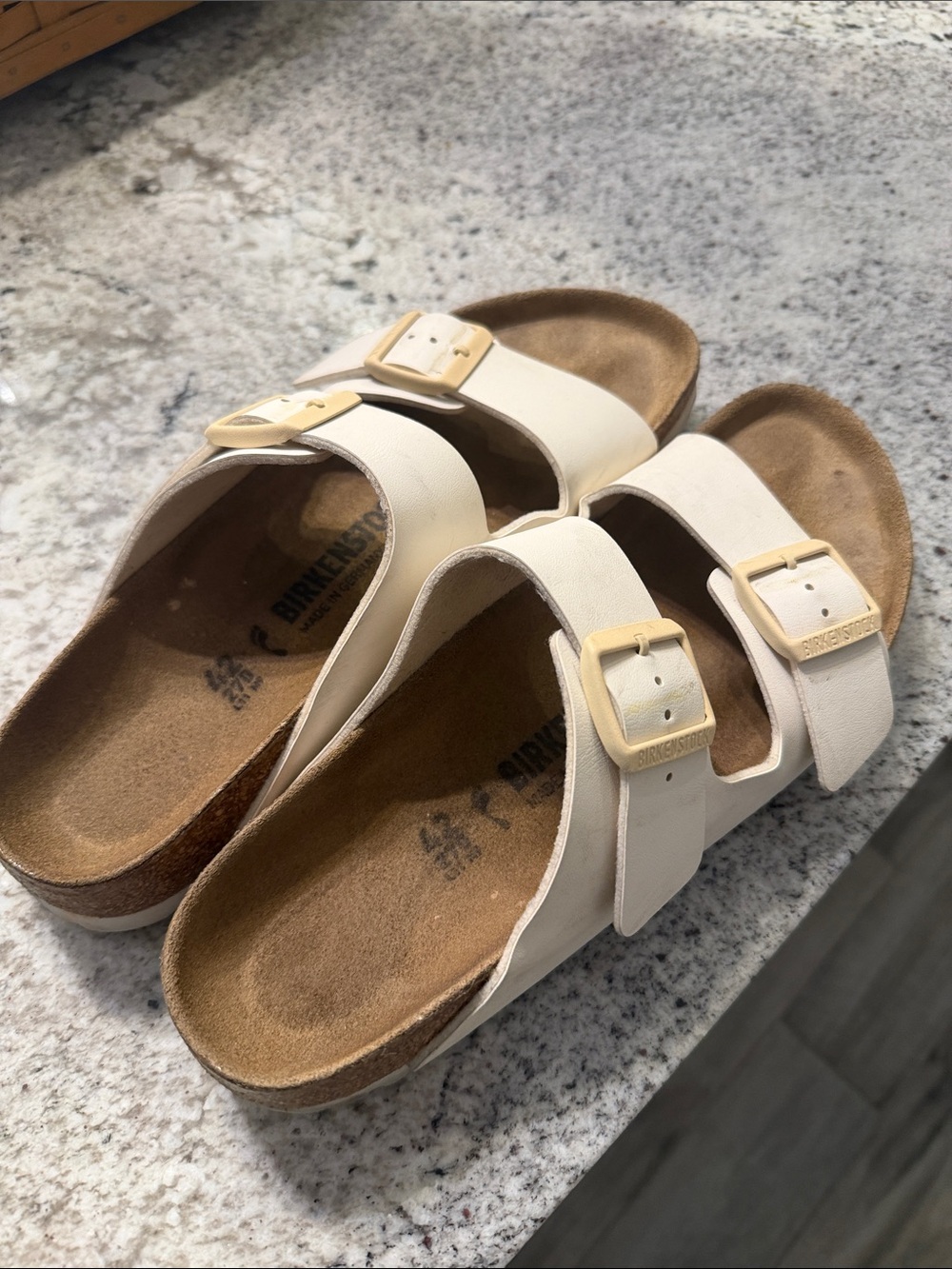 Birkenstock Women's Arizona Sandals in Off-White with Gold Buckles